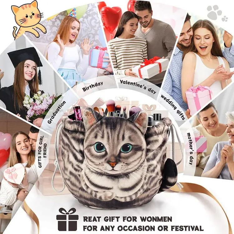 Cute Cat Makeup Bag Drawstring Closure 3D Cat Head Design Flat Cosmetic Pouch Gift for Women Cat Lovers Travel