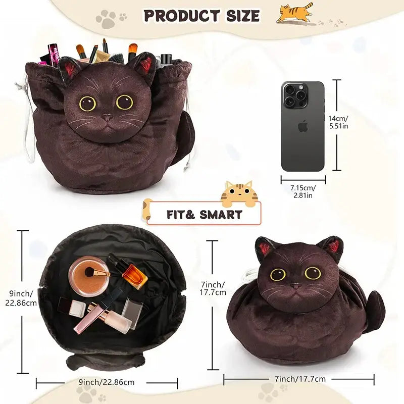 Cute Cat Makeup Bag Drawstring Closure 3D Cat Head Design Flat Cosmetic Pouch Gift for Women Cat Lovers Travel
