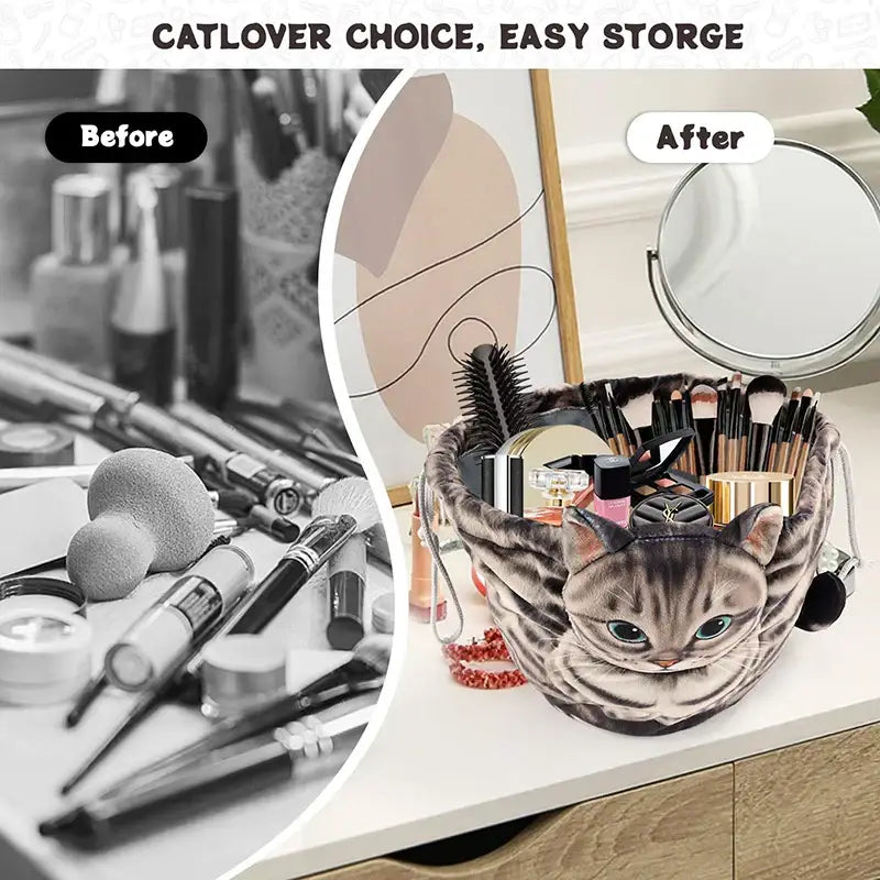 Cute Cat Makeup Bag Drawstring Closure 3D Cat Head Design Flat Cosmetic Pouch Gift for Women Cat Lovers Travel
