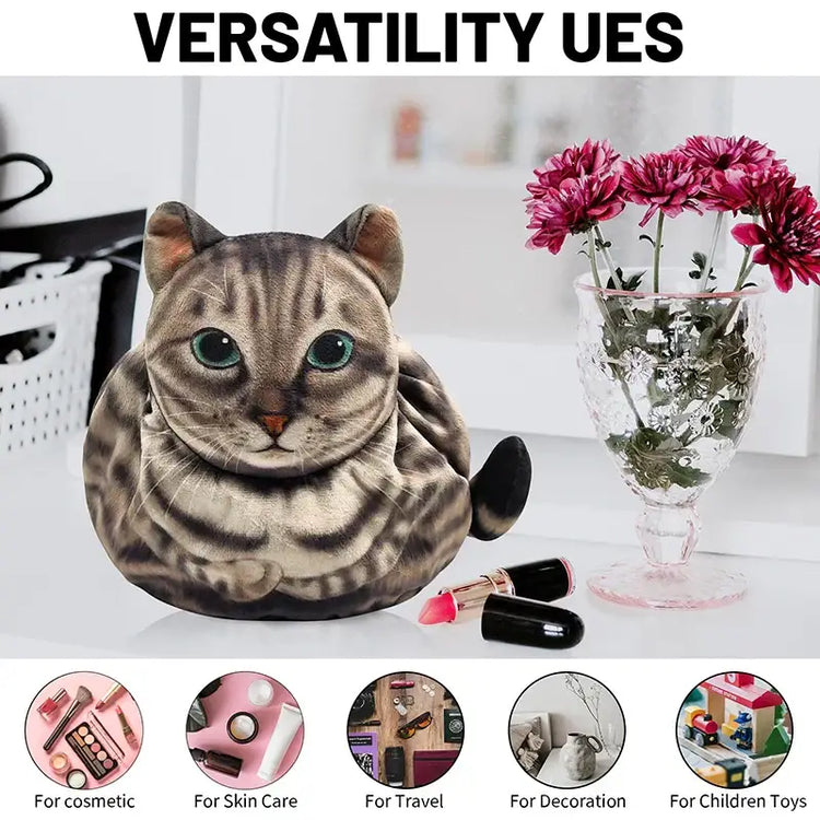 Cute Cat Makeup Bag Drawstring Closure 3D Cat Head Design Flat Cosmetic Pouch Gift for Women Cat Lovers Travel