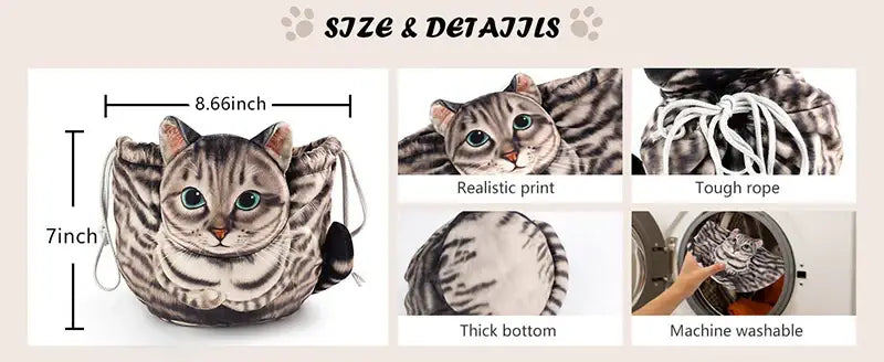 Cute Cat Makeup Bag Drawstring Closure 3D Cat Head Design Flat Cosmetic Pouch Gift for Women Cat Lovers Travel