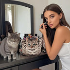Cute Cat Makeup Bag Drawstring Closure 3D Cat Head Design Flat Cosmetic Pouch Gift for Women Cat Lovers Travel