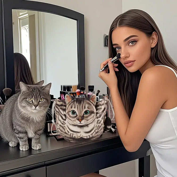 Cute Cat Makeup Bag Drawstring Closure 3D Cat Head Design Flat Cosmetic Pouch Gift for Women Cat Lovers Travel