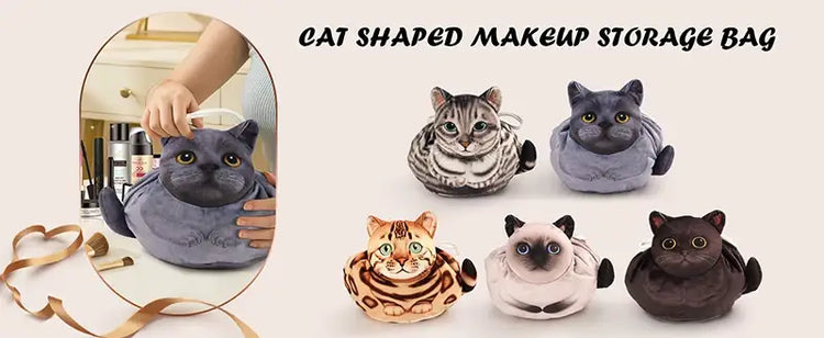 Cute Cat Makeup Bag Drawstring Closure 3D Cat Head Design Flat Cosmetic Pouch Gift for Women Cat Lovers Travel