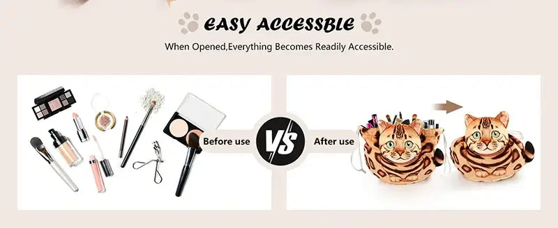 Cute Cat Makeup Bag Drawstring Closure 3D Cat Head Design Flat Cosmetic Pouch Gift for Women Cat Lovers Travel