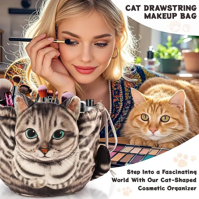 Cute Cat Makeup Bag Drawstring Closure 3D Cat Head Design Flat Cosmetic Pouch Gift for Women Cat Lovers Travel