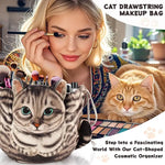 Cute Cat Makeup Bag Drawstring Closure 3D Cat Head Design Flat Cosmetic Pouch Gift for Women Cat Lovers Travel