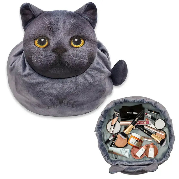 Cute Cat Makeup Bag Drawstring Closure 3D Cat Head Design Flat Cosmetic Pouch Gift for Women Cat Lovers Travel