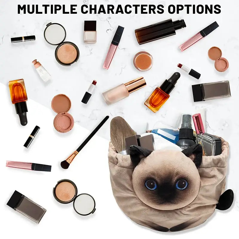 Cute Cat Makeup Bag Drawstring Closure 3D Cat Head Design Flat Cosmetic Pouch Gift for Women Cat Lovers Travel