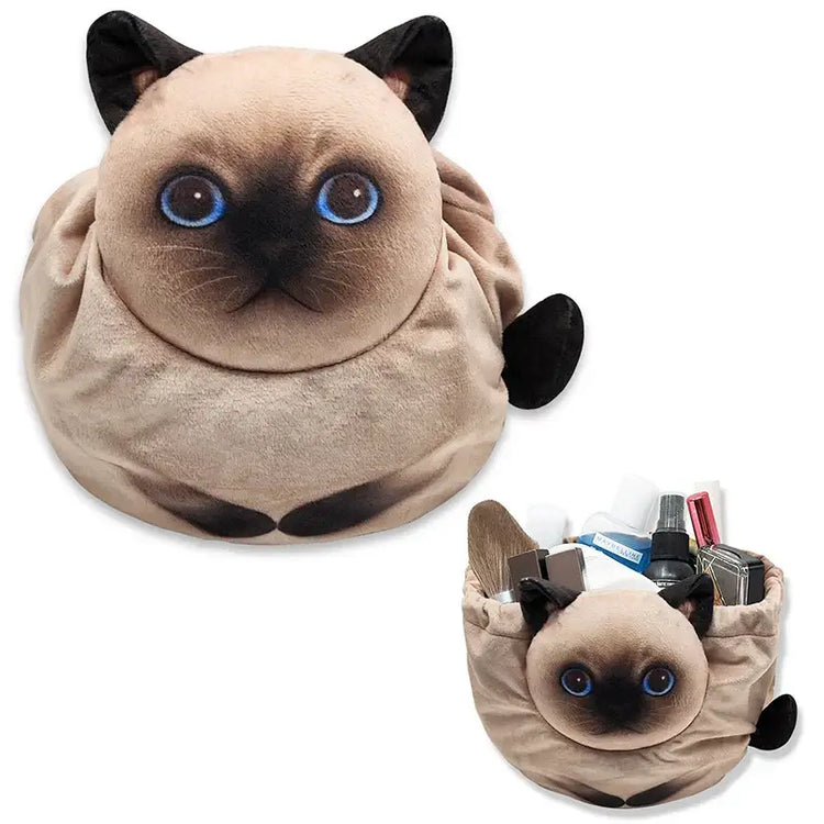Cute Cat Makeup Bag Drawstring Closure 3D Cat Head Design Flat Cosmetic Pouch Gift for Women Cat Lovers Travel