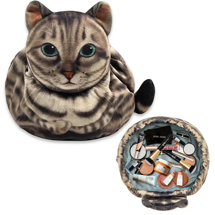 Cute Cat Makeup Bag Drawstring Closure 3D Cat Head Design Flat Cosmetic Pouch Gift for Women Cat Lovers Travel