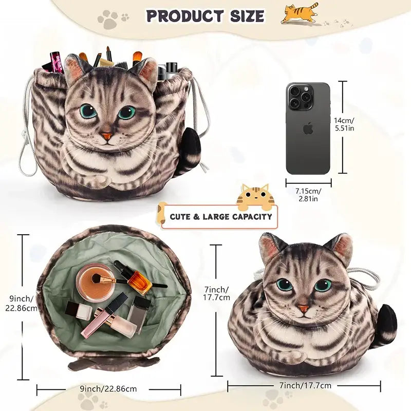 Cute Cat Makeup Bag Drawstring Closure 3D Cat Head Design Flat Cosmetic Pouch Gift for Women Cat Lovers Travel