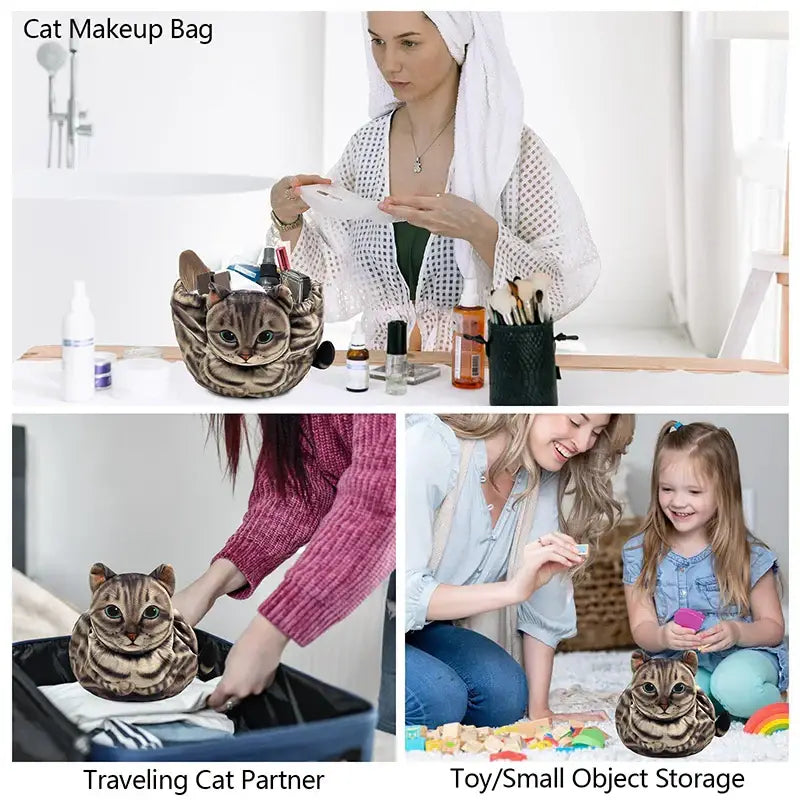 Cute Cat Makeup Bag Drawstring Closure 3D Cat Head Design Flat Cosmetic Pouch Gift for Women Cat Lovers Travel