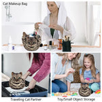 Cute Cat Makeup Bag Drawstring Closure 3D Cat Head Design Flat Cosmetic Pouch Gift for Women Cat Lovers Travel