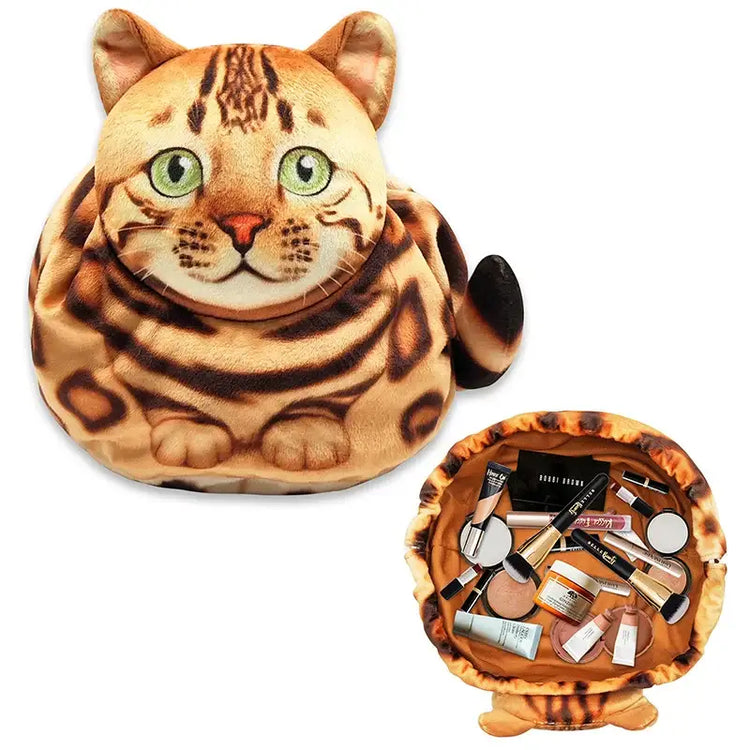 Cute Cat Makeup Bag Drawstring Closure 3D Cat Head Design Flat Cosmetic Pouch Gift for Women Cat Lovers Travel