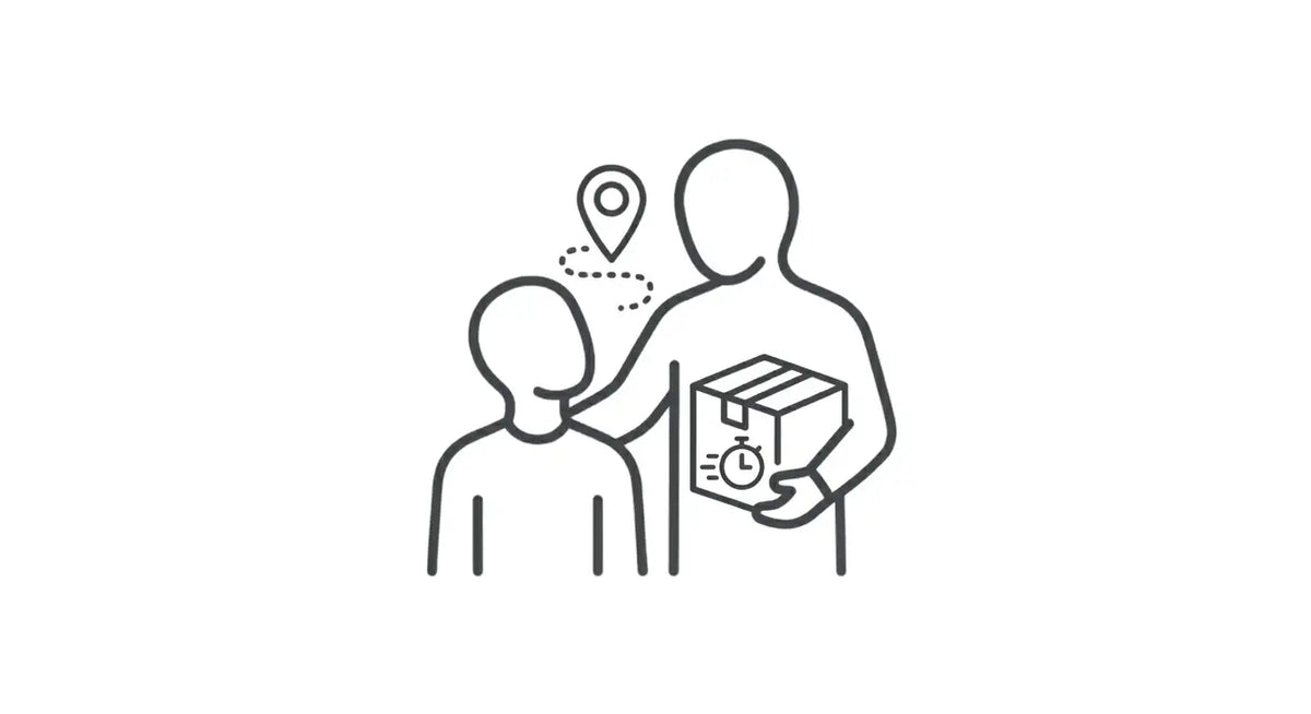 Un dessin minimaliste en noir d’une boîte de livraison avec une icône d’horloge sur son côté, tenue par une seule personne et placée entre deux silhouettes humaines stylisées.