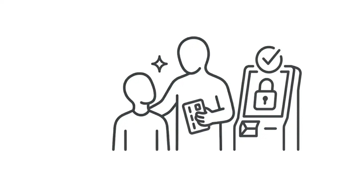 Un dessin minimaliste au trait noir représentant une personne tenant une carte d’identité ou un billet, se tenant à côté d’une autre figure et s’approchant d’un kiosque de contrôle de sécurité avec une icône de cadenas.