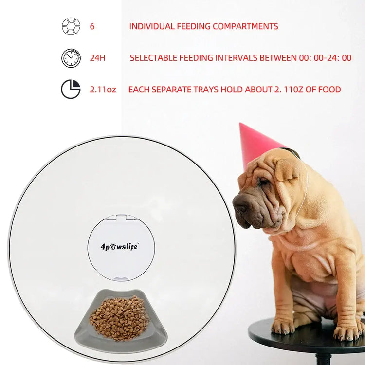 Dog Feeder Automatic Pet Feeder Round Timing Feeder 6 Meals 6 Grids Dog Cat Electric Dry Food Dispenser 24 Hours Feed