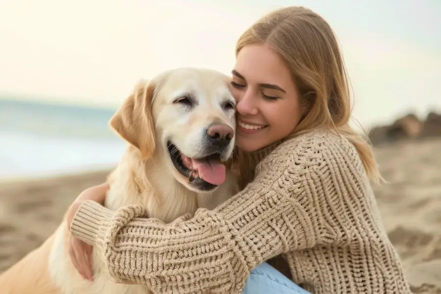 une femme en pull beige en laine embrasse un golden retriever lors d une promenade simplifiée avec son chien