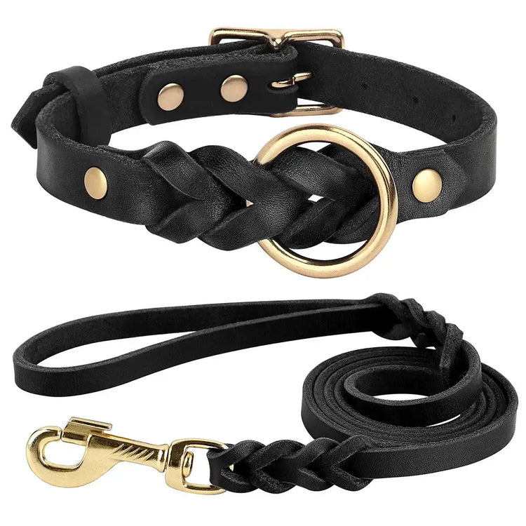 Ensemble collier et laisse en cuir pour chien - Black Set / L