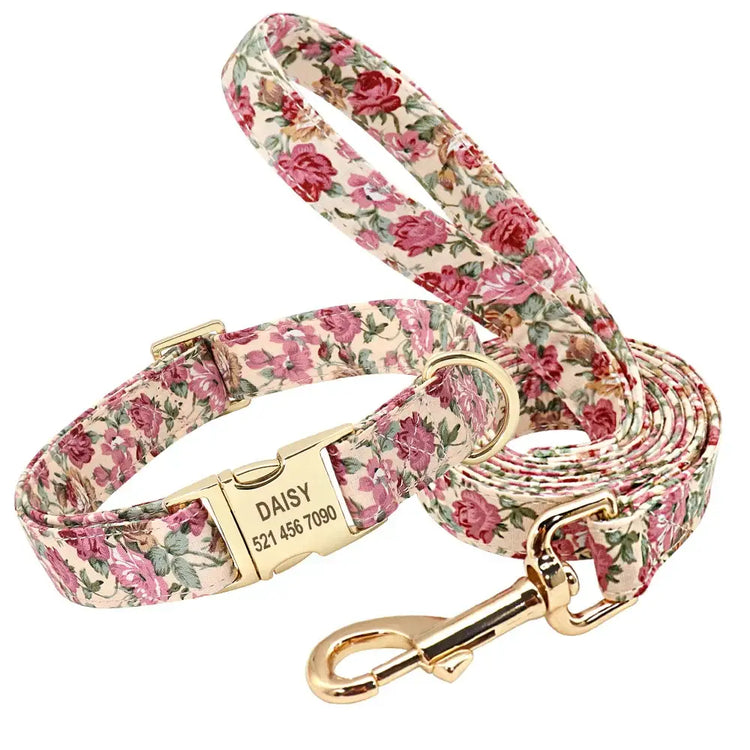 Ensemble collier et laisse pour chien à fleurs - Beige collar leash / L