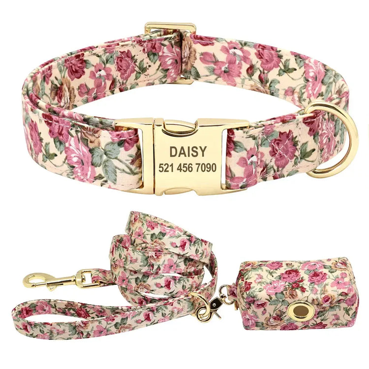 Ensemble collier et laisse pour chien à fleurs - Beige set / L