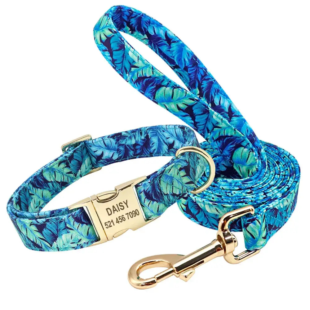 Ensemble collier et laisse pour chien à fleurs - Blue collar leash / L