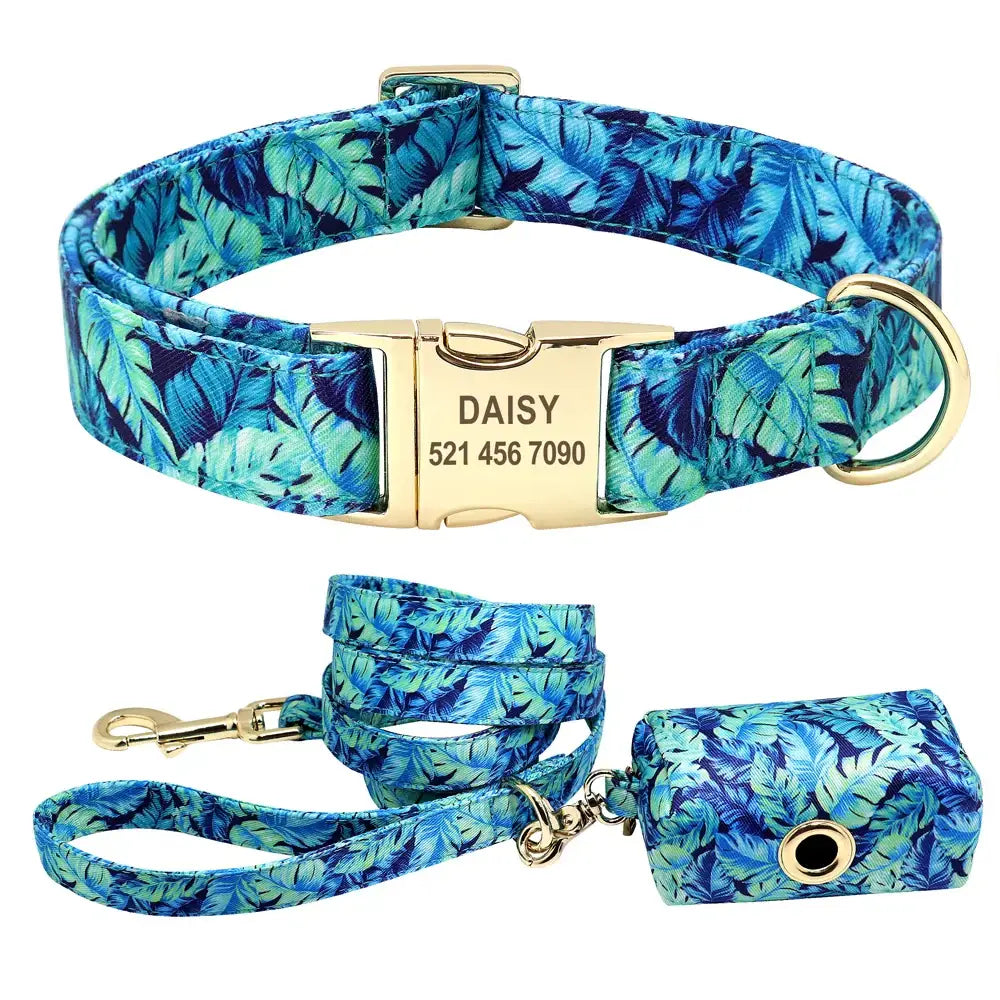 Ensemble collier et laisse pour chien à fleurs - Blue set / S