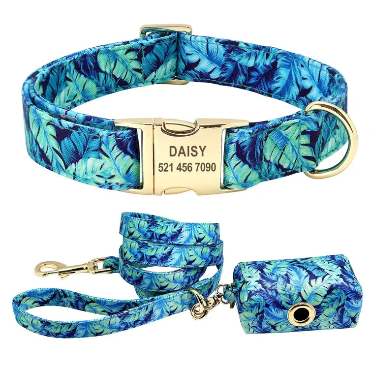 Ensemble collier et laisse pour chien à fleurs - Blue set / S