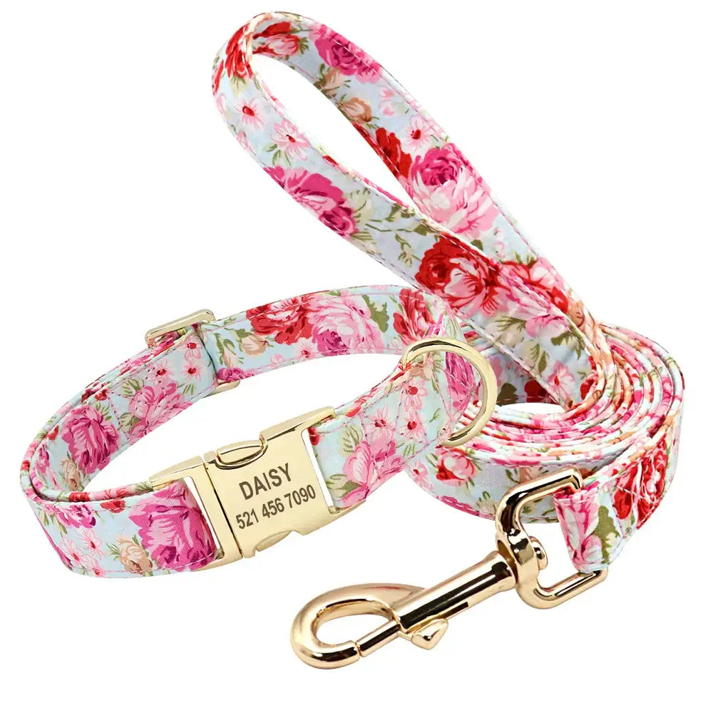 Ensemble collier et laisse pour chien à fleurs - Pink collar leash / S