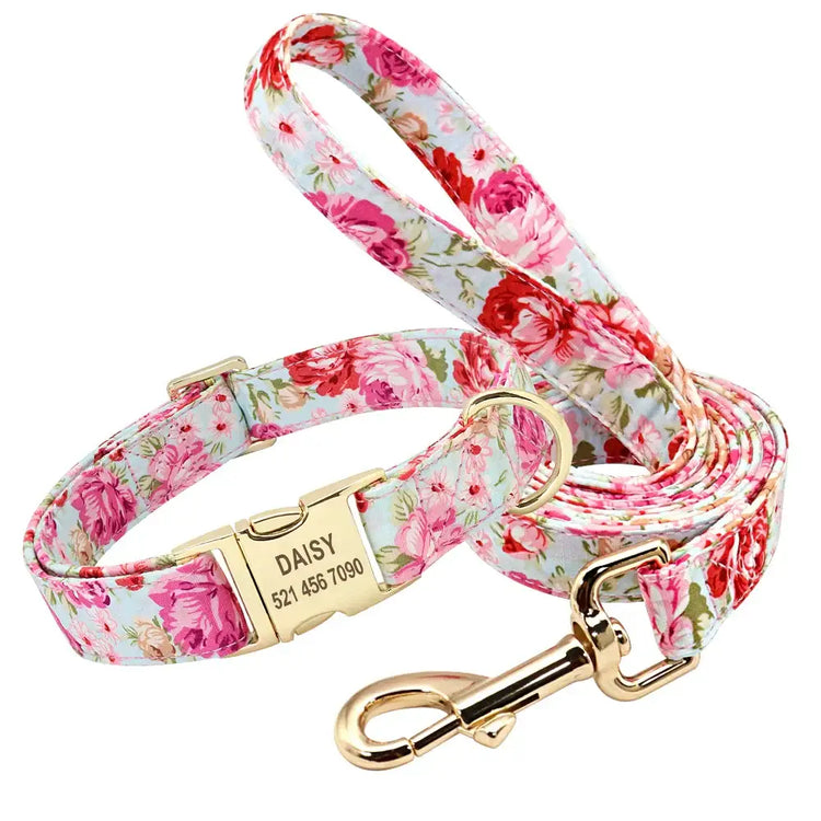 Ensemble collier et laisse pour chien à fleurs - Pink collar leash / S