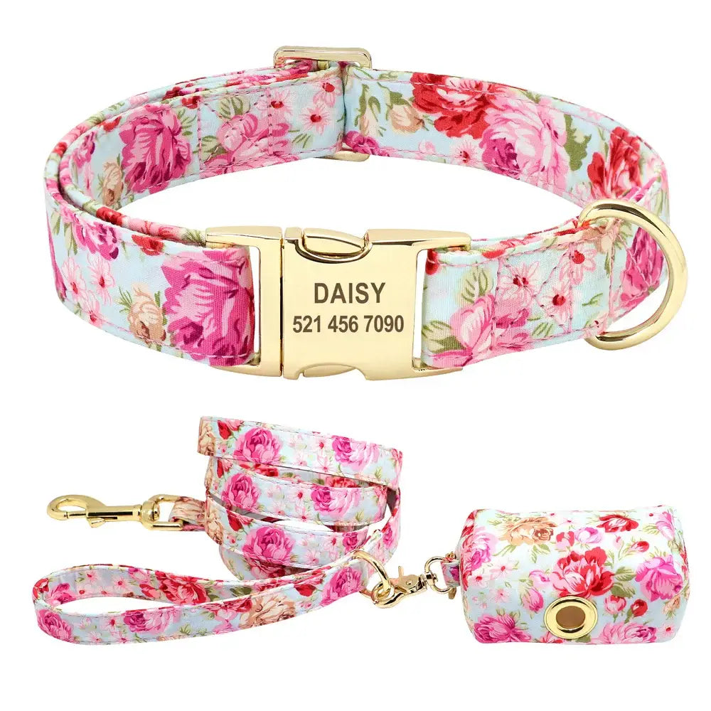 Ensemble collier et laisse pour chien à fleurs - Pink set / L