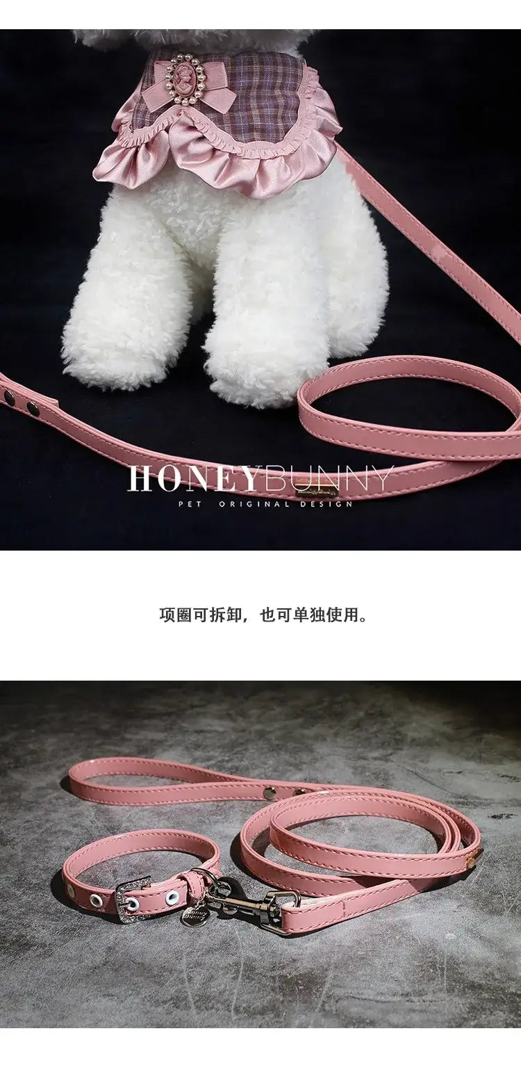 French Princess Pet Accessories Dog Collar Leash Pearl Bow Lace Bib Small Bichon Walking Leash Pet Supplies Puppy