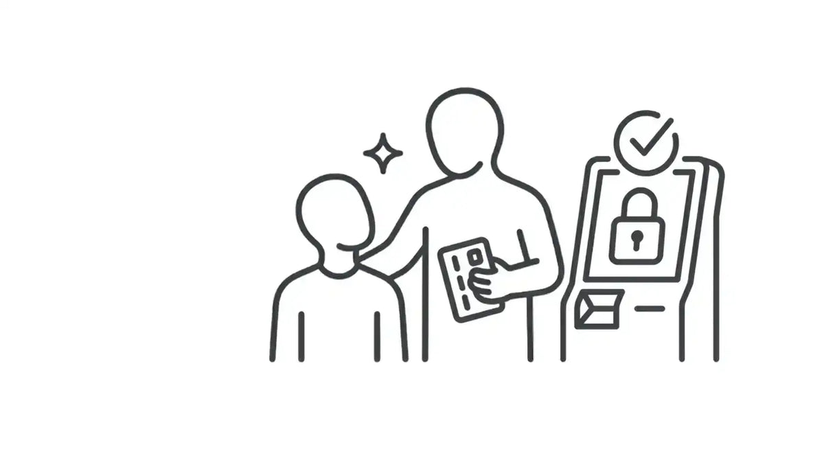 Un dessin minimaliste au trait noir représentant une personne tenant une carte d’identité ou un billet, se tenant à côté d’une autre figure et s’approchant d’un kiosque de contrôle de sécurité avec une icône de cadenas.