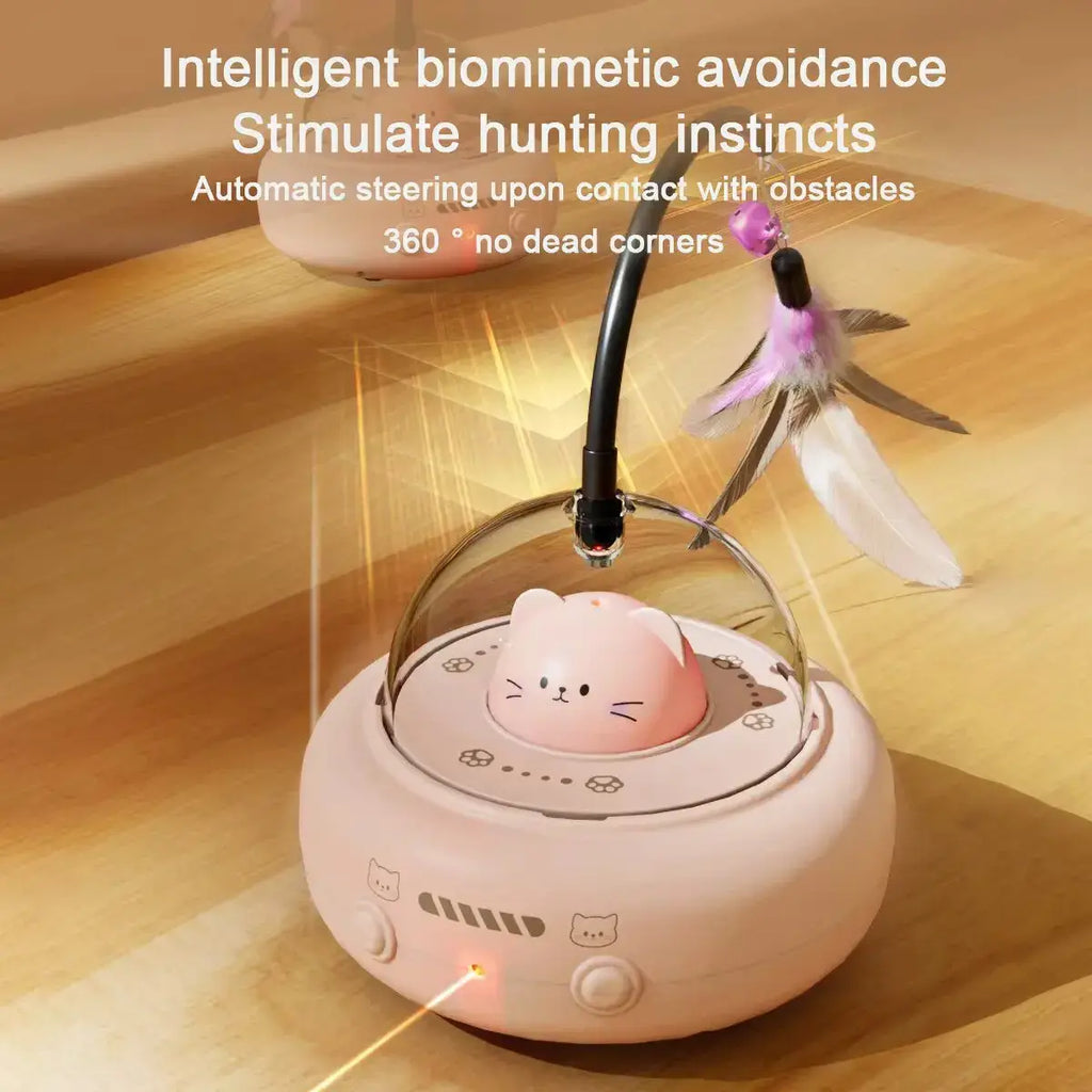 Interactive Cat Toy with Feathers & Laser 360° Obstacle Avoidance Auto Standby USB Charging