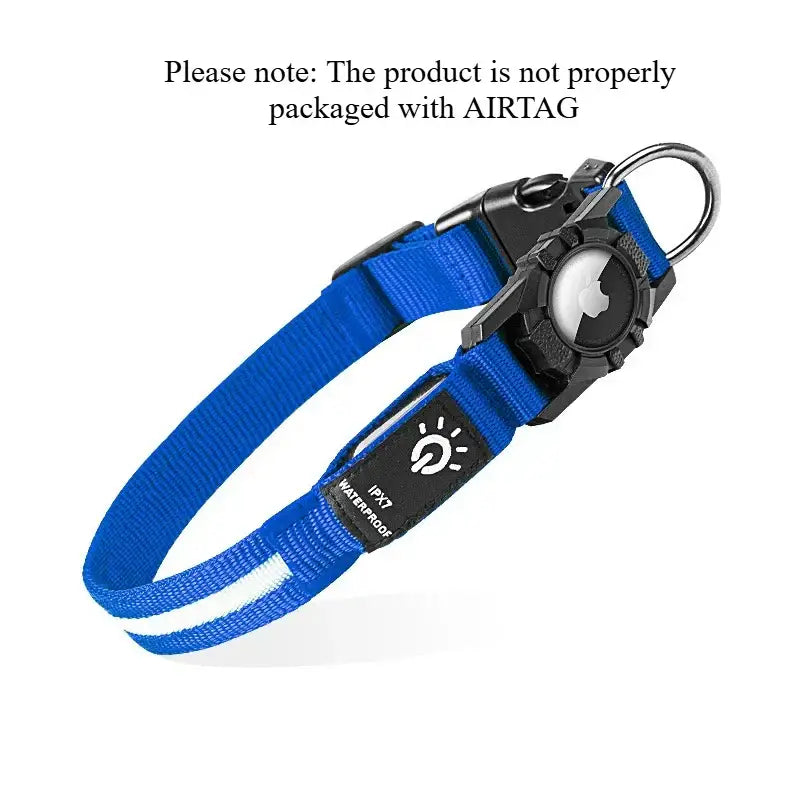LED Dog Collar with Built-in AirTag Holder Rechargeable Waterproof & Reflective for Night Safety Adjustable - Blue