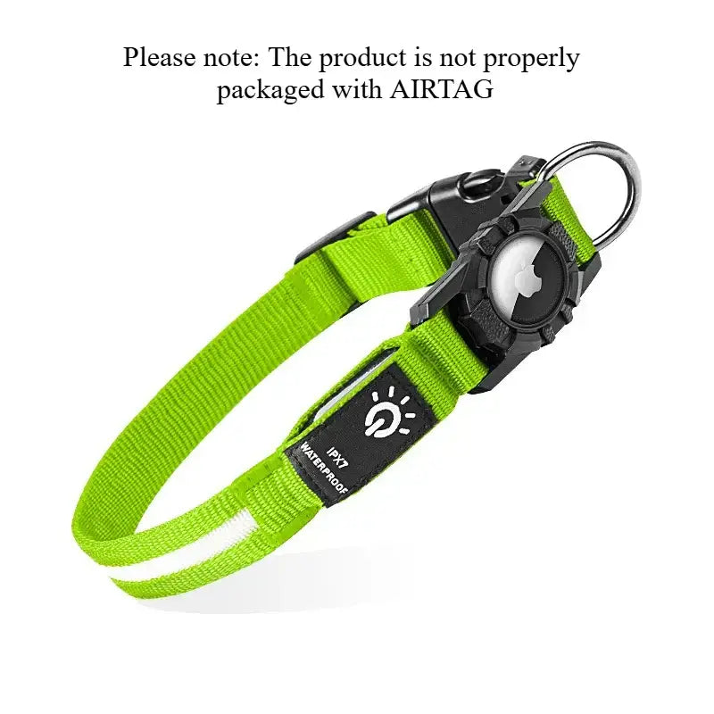 LED Dog Collar with Built-in AirTag Holder Rechargeable Waterproof & Reflective for Night Safety Adjustable - green