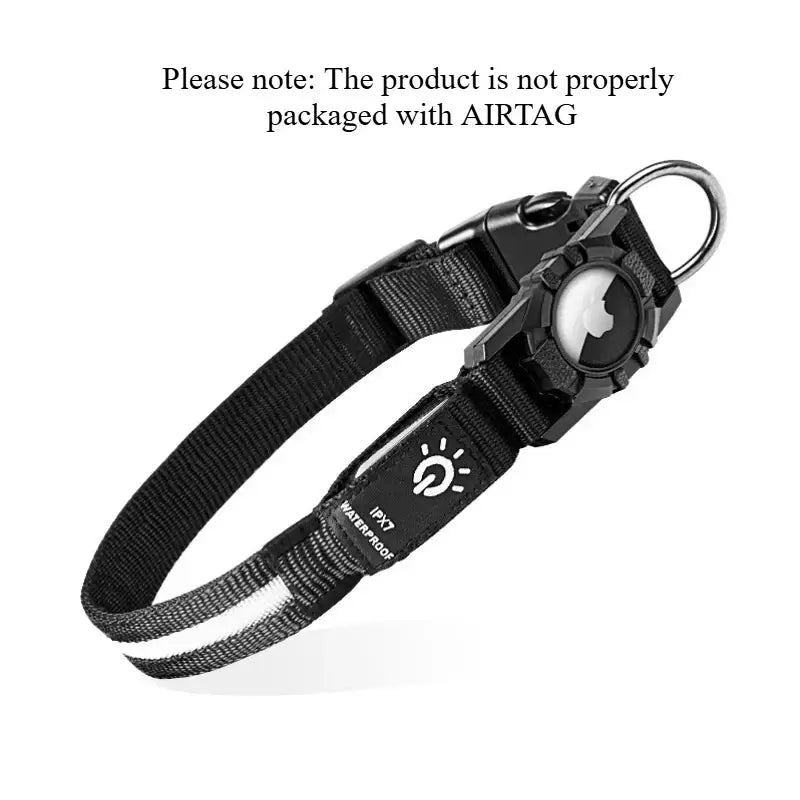 LED Dog Collar with Built-in AirTag Holder Rechargeable Waterproof & Reflective for Night Safety Adjustable - black