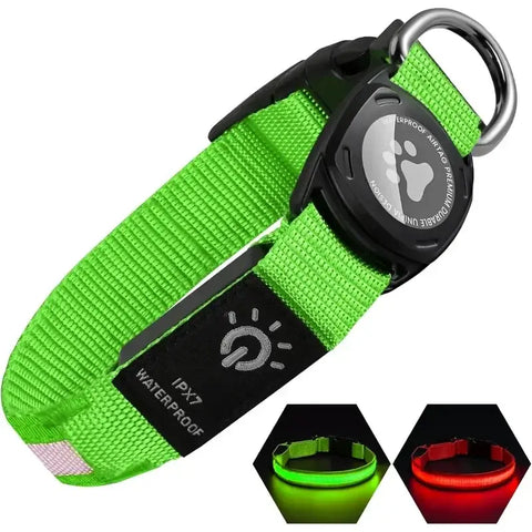 LED Dog Collar with Built-in AirTag Holder Rechargeable Waterproof & Reflective for Night Safety Adjustable