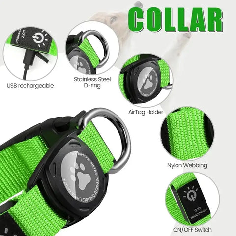 LED Dog Collar with Built-in AirTag Holder Rechargeable Waterproof & Reflective for Night Safety Adjustable