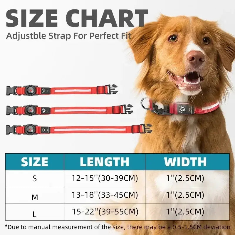 LED Luminous Adjustable Dog Collar Rechargeable Heavy Duty Collar Equipped AirTag Case for Small Medium Large Outdoor