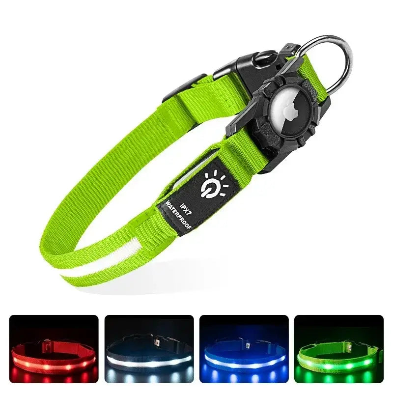 LED Luminous Adjustable Dog Collar Rechargeable Heavy Duty Collar Equipped AirTag Case for Small Medium Large Outdoor