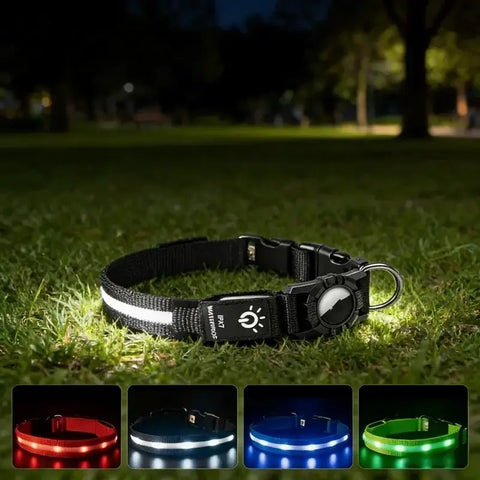 LED Luminous Adjustable Dog Collar Rechargeable Heavy Duty Collar Equipped AirTag Case for Small Medium Large Outdoor