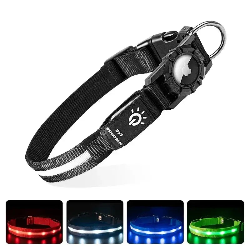 LED Luminous Adjustable Dog Collar Rechargeable Heavy Duty Collar Equipped AirTag Case for Small Medium Large Outdoor