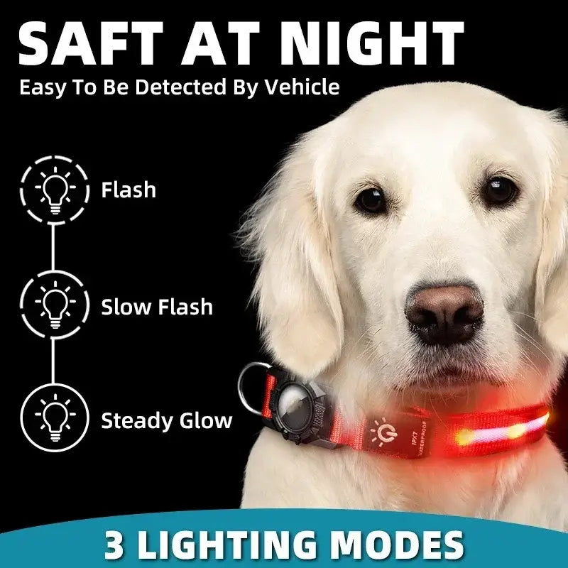 LED Luminous Adjustable Dog Collar Rechargeable Heavy Duty Collar Equipped AirTag Case for Small Medium Large Outdoor