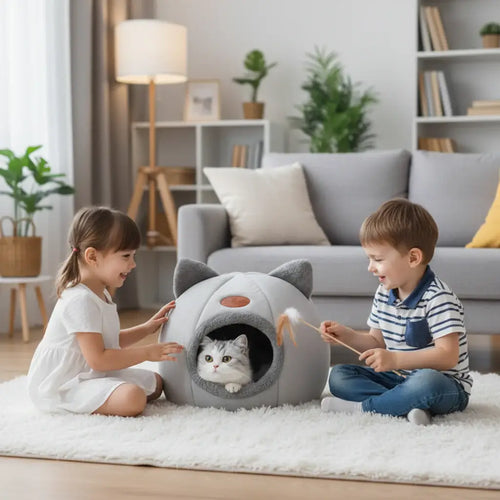 Lit chat hiver confortable avec un chat à l'intérieur, doux et cosy, parfait pour les nuits hivernales.