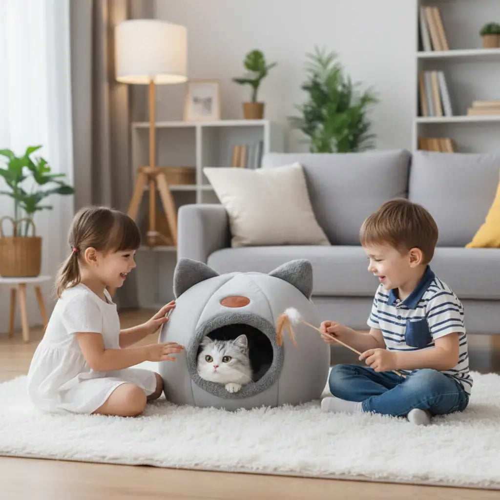 Lit chat hiver confortable avec un chat à l'intérieur, doux et cosy, parfait pour les nuits hivernales.