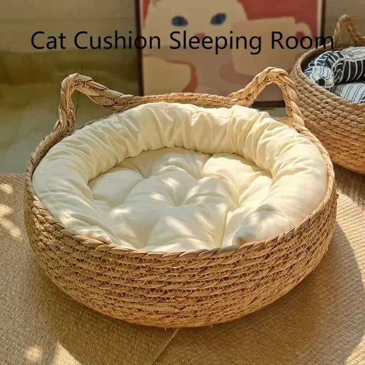 Lit chat naturel tressé - Basket and cushion / 35cm
