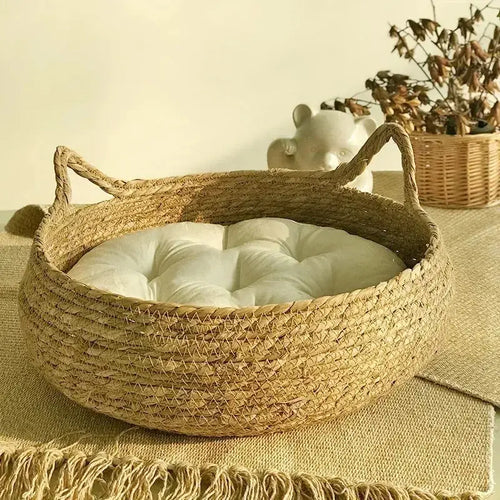 Lit chat naturel tressé – Confort premium | PawFrance