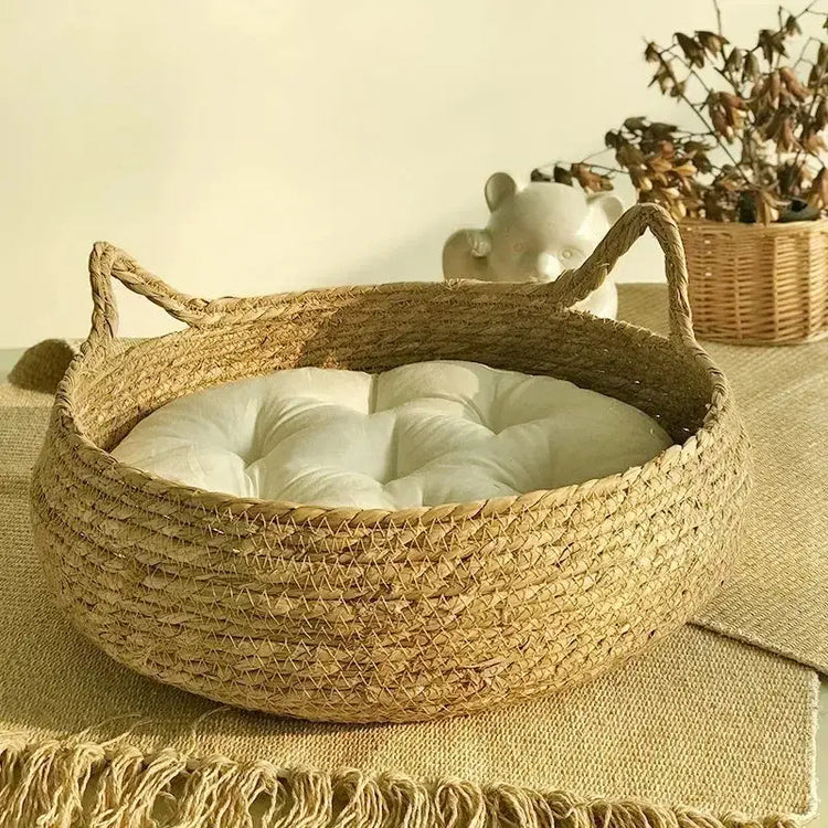 Lit chat naturel tressé – Confort premium | PawFrance